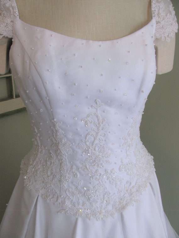 White Satin Wedding Dress, Wedding Dress with Cap… - image 4