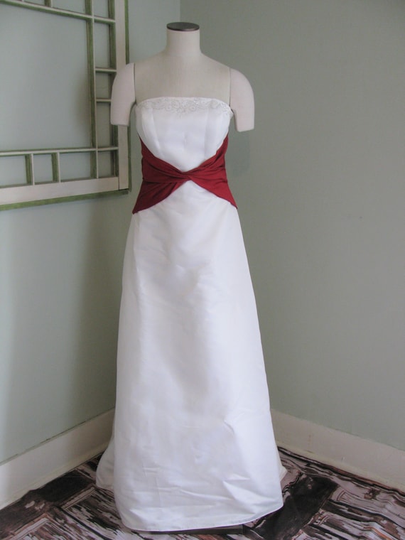 Vintage Ivory Satin Wedding Dress: A-line With Red Waist Overlay - Etsy