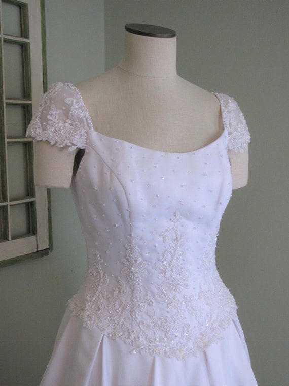 White Satin Wedding Dress, Wedding Dress with Cap… - image 3