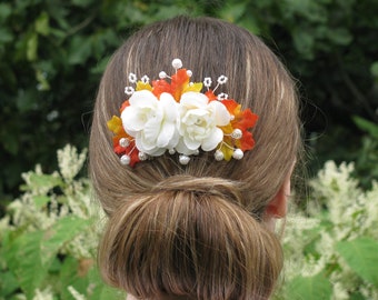 Fall Wedding Orange and Ivory Hair Comb, Fall Floral Bridal Hair Comb, Bridal Hair Accessory, Pearl Hair Comb, Hair Jewelry, Gift for Bride