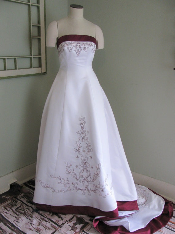 Burgundy and White Wedding Dress, Strapless Weddin