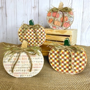 Mini Fall Pumpkins, Rustic Wood Pumpkins, Fall Tiered Tray Decor, Decoupage Pumpkins, Tabletop Decor, Fall Shelf Sitter, Autumn Home Decor