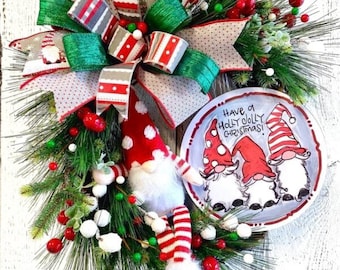 Christmas Gnome Wreath, Wreath for Christmas, Holiday Wreath, Whimsical Christmas Wreath, Christmas Door Decor, Xmas Wreath, Wall Decor
