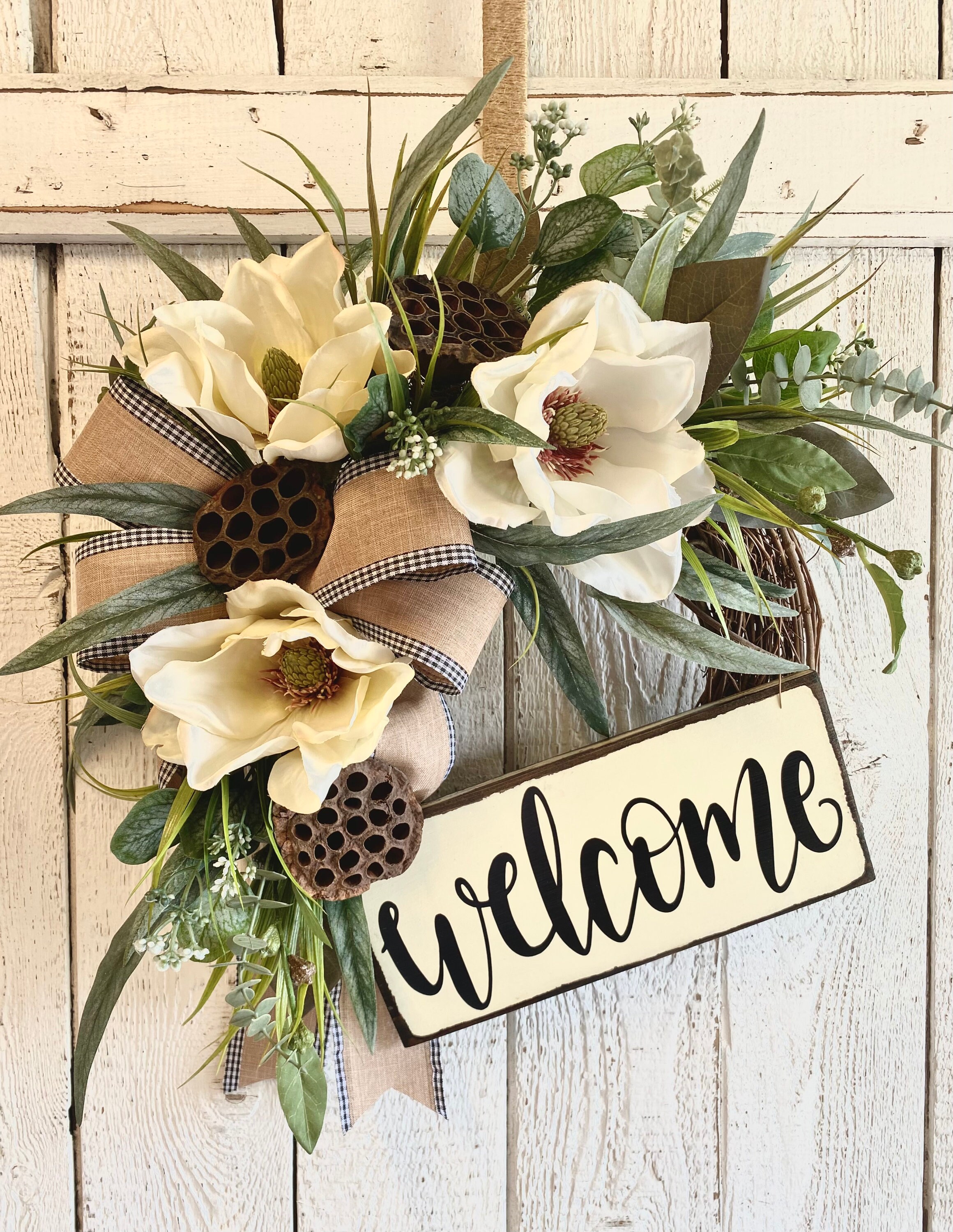 Corona de magnolia corona de bienvenida para la puerta | Etsy