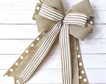 Bow for Wreath, Farmhouse Bow, Wired Ribbon Bow, Lantern Bow, Gift Basket Bow, Bow for Door Hanger, Home Decor, Neutral Bow for Decorating