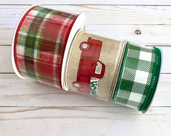 Christmas Ribbon, Christmas Ribbon Bundle, Holiday Ribbon, Ribbon Trio, Wired Ribbon,  Wreath Supplies, Ribbon for Bows, Red Truck Ribbon