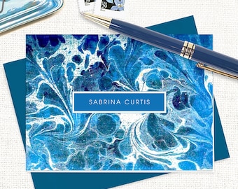 personalized stationery set - vintage marble paper SABRINA BLUE - custom stationary blue abstract artwork - folded note cards set of 8