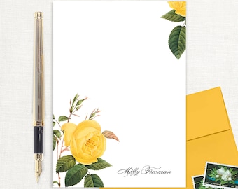 personalized notePAD - YELLOW ROSE - floral stationery custom stationary botanical flower feminine letter writing paper - 50 sheet notepad