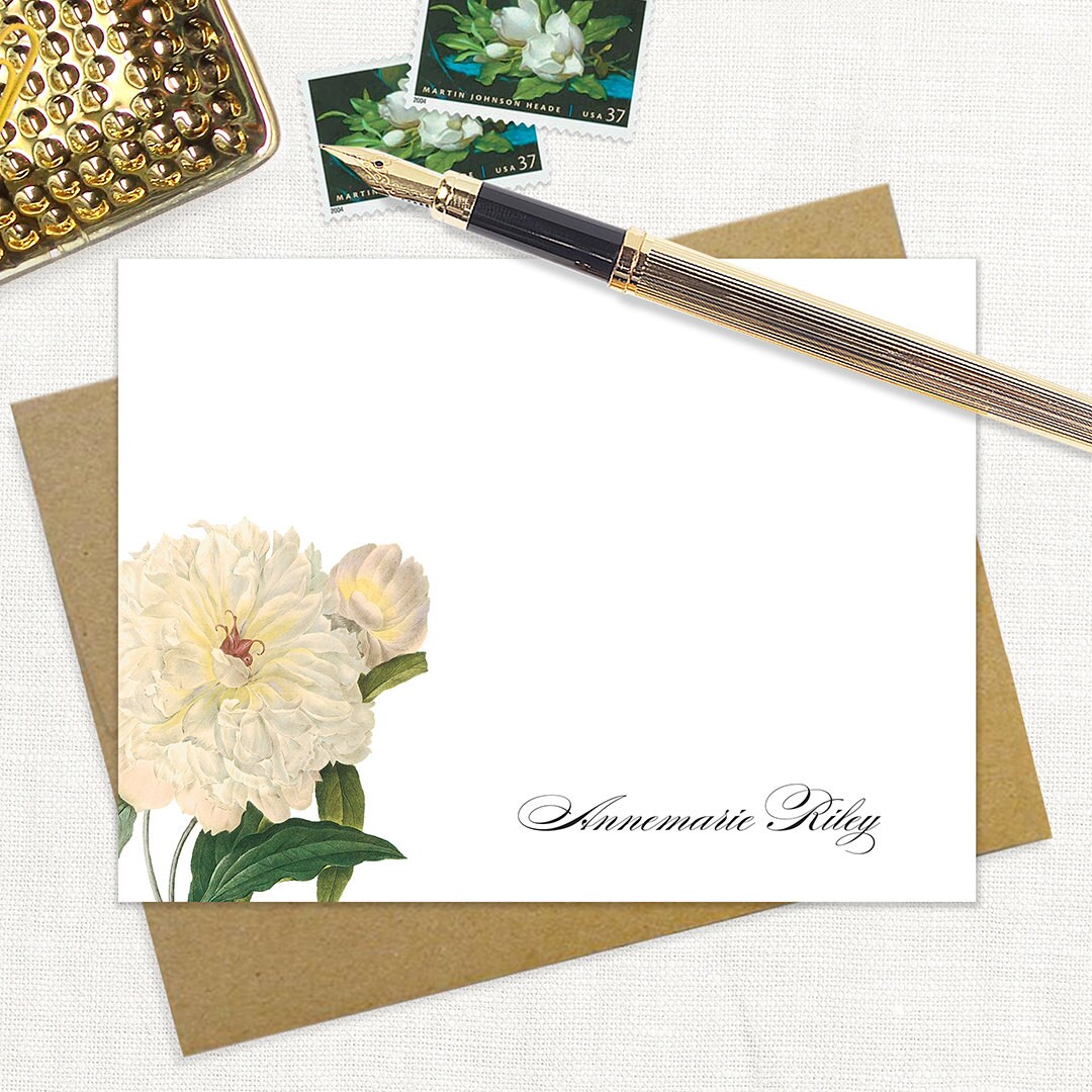 Personalized Flat Note Cards - WHITE PEONY - Peonies Stationery Pretty ...
