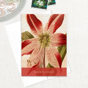 personalized stationery set - ANTIQUE AMARYLLIS BLOOM - red white floral stationary vintage artwork flowers - folded note cards set of 8