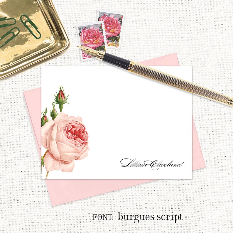 Personalized Flat Note Cards - LIGHT PINK ROSE - Flower Stationery ...