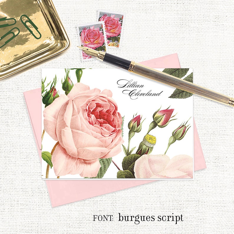 personalized stationery set LIGHT PINK ROSE flower stationary floral botanical rose garden folded note cards set of 8 image 2