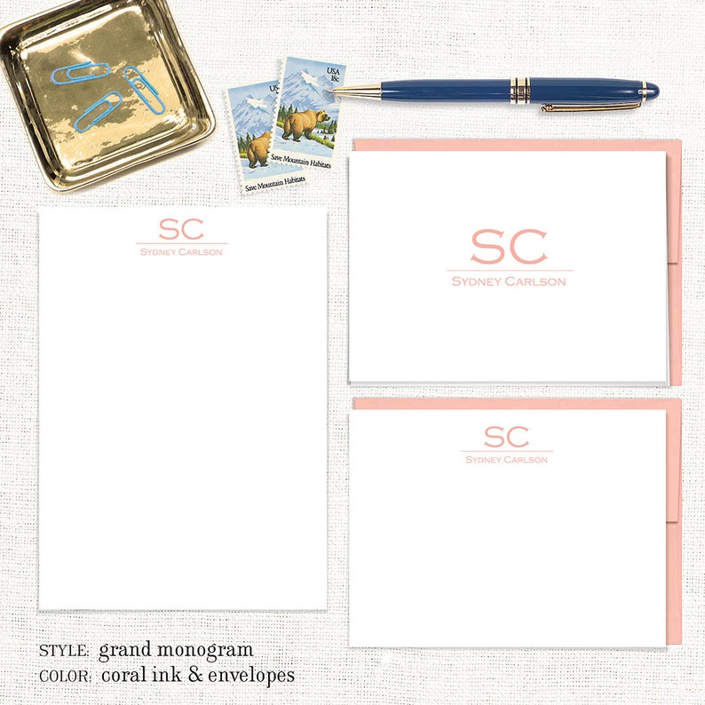 complete personalized stationery set GRAND MONOGRAM monogrammed custom letter writing set note cards and notepad stationary gift set image 4