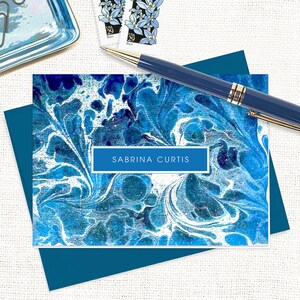 complete personalized stationery set vintage marble paper SABRINA BLUE custom modern note cards and notepad stationary gift set image 4