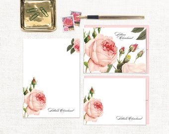 complete personalized stationery set - LIGHT PINK ROSE - floral letter writing set pretty - note cards and notepad stationary gift set