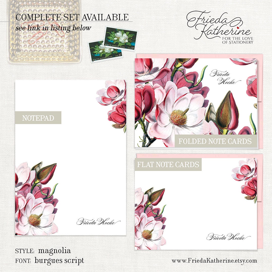 Personalized Stationery Set - MAGNOLIA BLOSSOMS - Pretty Floral ...