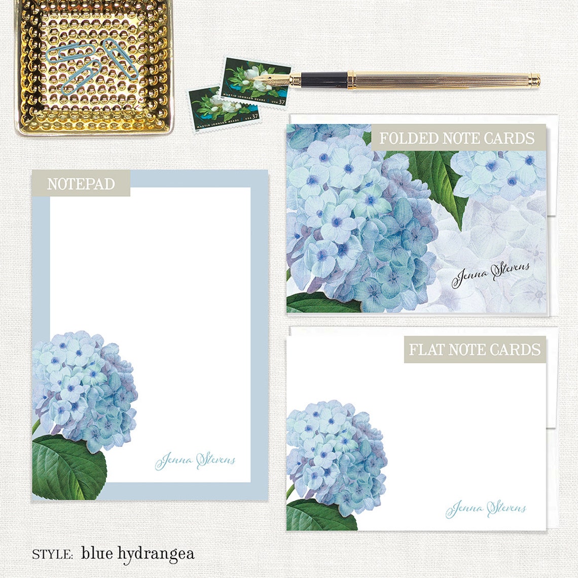 Complete Personalized Stationery Set - BLUE HYDRANGEA - Botanical ...