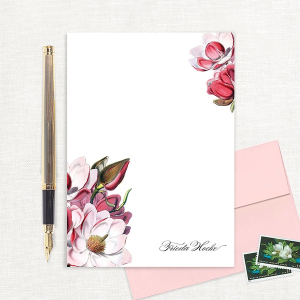personalized notePAD - MAGNOLIA BLOSSOMS - letter writing paper flower stationery custom floral stationary feminine pink - 50 sheet notepad