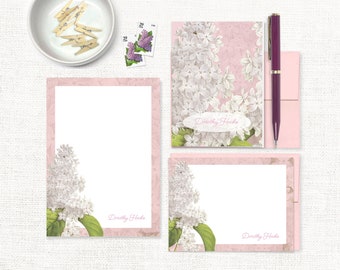 complete personalized stationery set - GRANDMA'S LILACS in PINK - custom floral letter writing - note cards and notepad stationary gift set