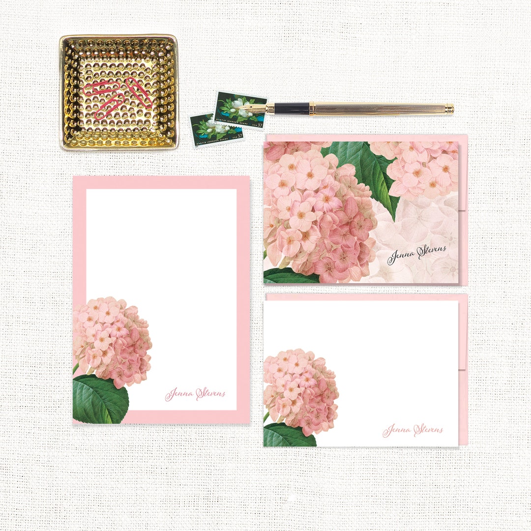 Complete Personalized Stationery Set - PINK HYDRANGEA - Floral Flower ...