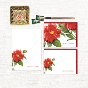 complete personalized stationery set - RED DAHLIA FLOWER - custom pretty botanical floral - note cards and notepad stationary gift set