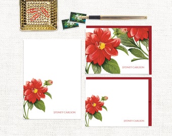 complete personalized stationery set - RED DAHLIA FLOWER - custom pretty botanical floral - note cards and notepad stationary gift set