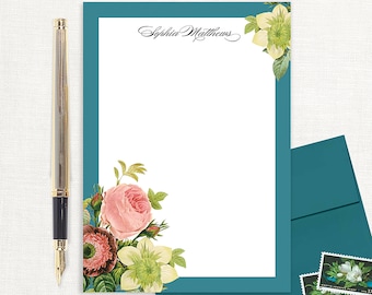 personalized notePAD - FLOWER BOUQUET - pink rose stationery custom stationary floral notepad botanical paper - 50 sheet notepad