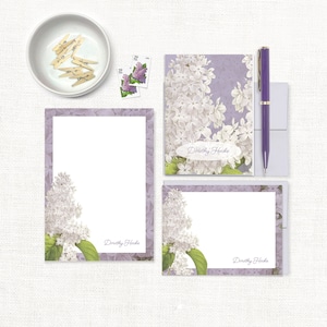 complete personalized stationery set - GRANDMA&#39;S LILACS in PURPLE - custom pretty paper - note cards and notepad stationary gift set