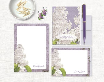 complete personalized stationery set - GRANDMA'S LILACS in PURPLE - custom pretty paper - note cards and notepad stationary gift set