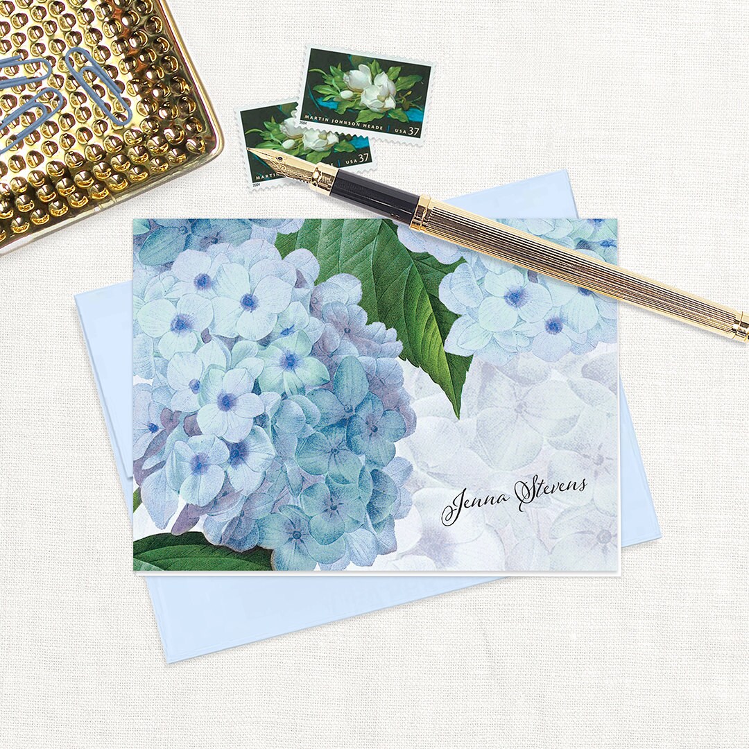 Complete Personalized Stationery Set - BLUE HYDRANGEA - Botanical ...