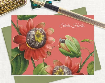 personalized stationery set - PASSION FLOWER - pretty floral stationary botanical tropical flower vintage art - folded note cards set of 8