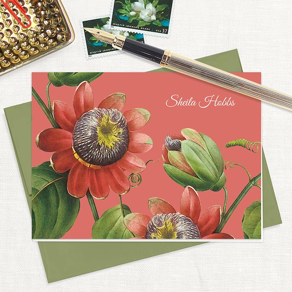 personalized stationery set - PASSION FLOWER - pretty floral botanical tropical flower vintage art - folded note cards set of 8