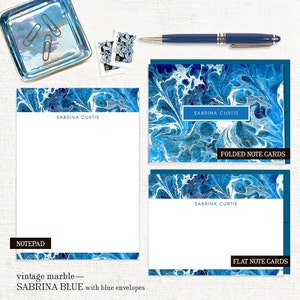 complete personalized stationery set vintage marble paper SABRINA BLUE custom modern note cards and notepad stationary gift set image 2