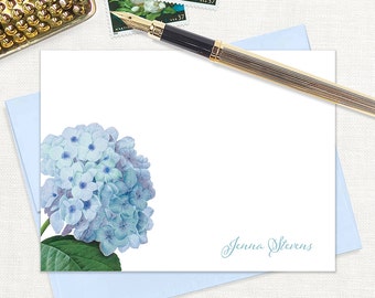 personalized flat note cards - BLUE HYDRANGEA - floral stationery flower stationary botanical garden nature - flat note cards set of 12