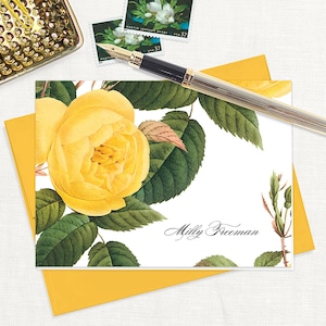personalized stationery set - YELLOW ROSE - pretty floral stationary botanical flower garden gold envelopes - folded note cards set of 8