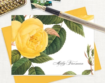 personalized stationery set - YELLOW ROSE - pretty floral stationary botanical flower garden gold envelopes - folded note cards set of 8