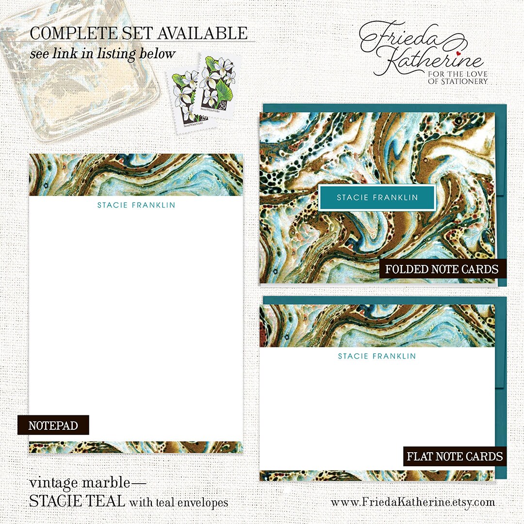 Personalized Flat Note Cards Set - Vintage Marble Paper STACIE TEAL ...