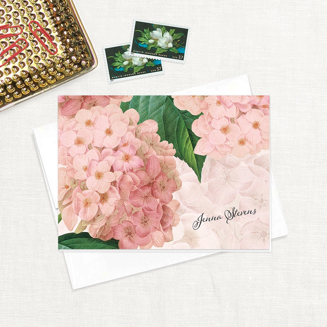 Personalized Stationery Set - PINK HYDRANGEA - Pretty Floral Vintage ...