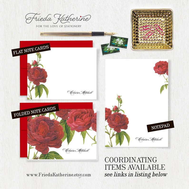 Personalized Notepad - DARK RED ROSES - Floral Stationery Botanical ...