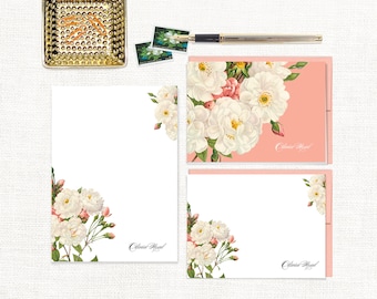 complete personalized stationery set - WHITE and CORAL wild ROSES - floral custom flowers - note cards and notepad stationary gift set