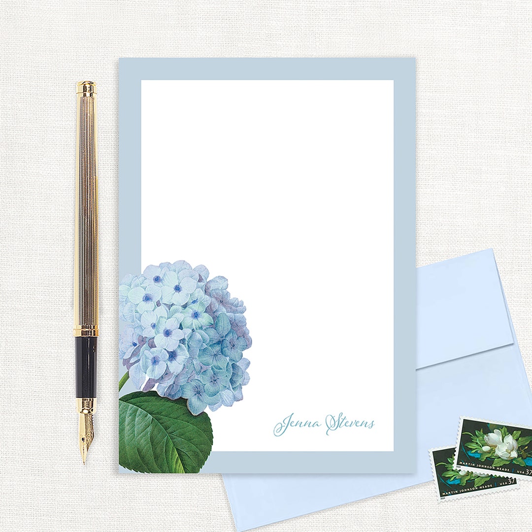 Personalized Notepad - BLUE HYDRANGEA - Botanical Stationery Custom ...
