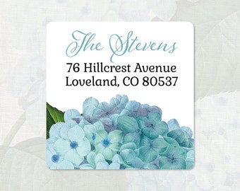 personalized return address label - BLUE HYDRANGEA FLOWER - square label - address sticker - free shipping to U.S. - set of 48
