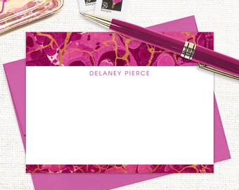 personalized flat note cards set - vintage marble paper DELANEY MAGENTA - custom stationary stationery for girls - flat note cards set of 12