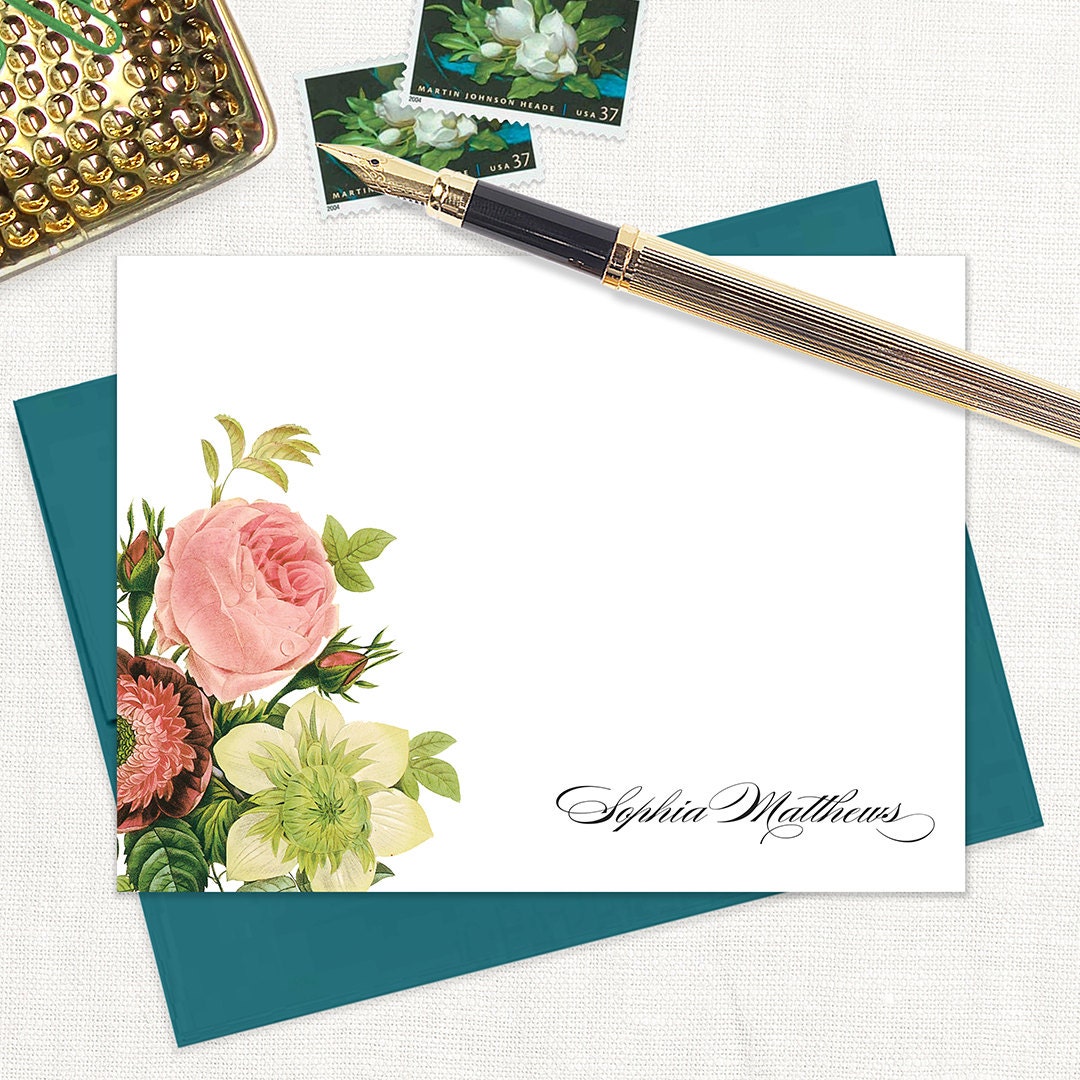 Personalized Flat Note Cards FLOWER BOUQUET Pink Rose Stationery Floral