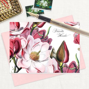 personalized stationery set - MAGNOLIA BLOSSOMS - pretty floral stationary botanical flower vintage artwork - folded note cards set of 8