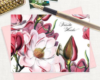 personalized stationery set - MAGNOLIA BLOSSOMS - pretty floral stationary botanical flower vintage artwork - folded note cards set of 8