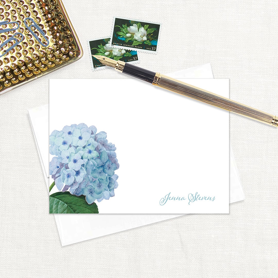 Personalized Flat Note Cards - BLUE HYDRANGEA - Floral Stationery ...