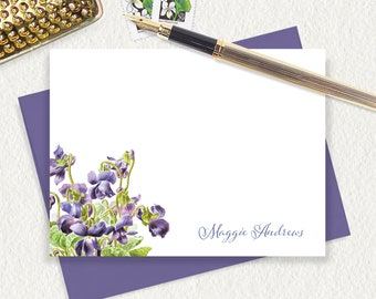 personalized flat note cards - PURPLE VIOLETS - floral stationery botanical viola stationary gift set flower - flat note cards set of 12