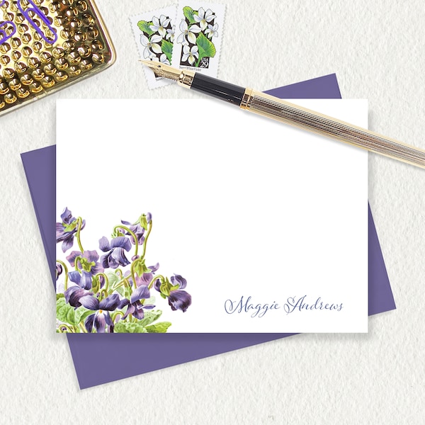 personalized flat note cards - PURPLE VIOLETS - floral stationery botanical viola stationary gift set flower - flat note cards set of 12