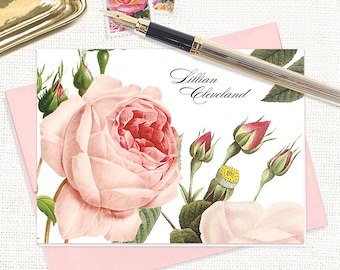 personalized stationery set - LIGHT PINK ROSE - flower stationary floral botanical rose garden - folded note cards set of 8